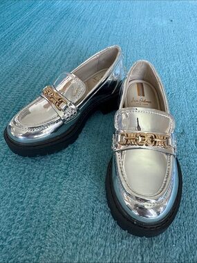 Sam Edelman Teo Metallic Silver platform Loafers with Gold Chain Toddler 11
